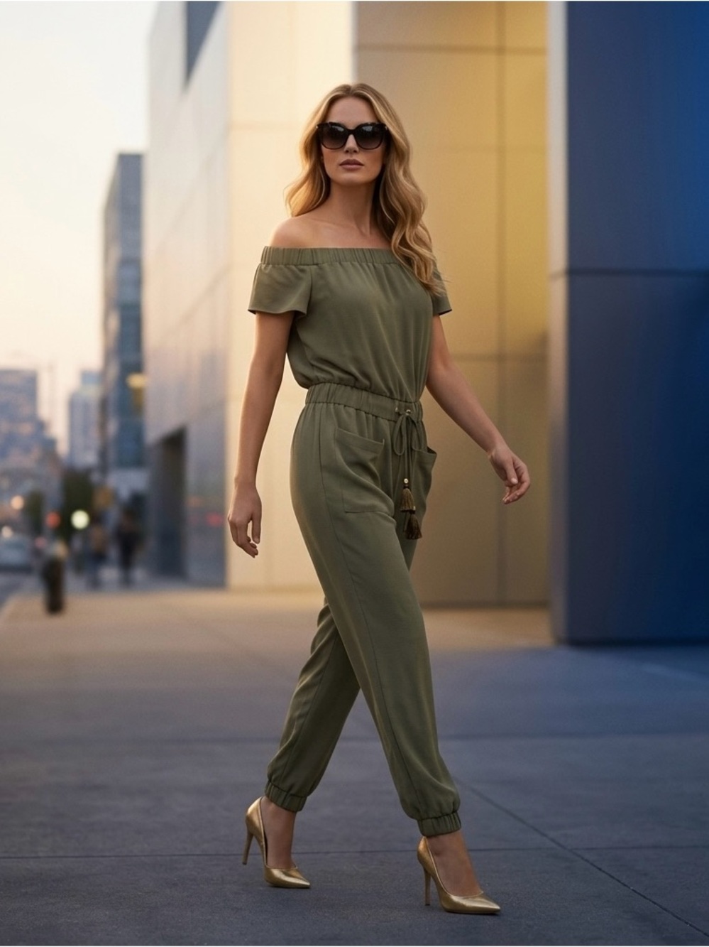 MICHAEL Michael Kors Safari Green Off-The-Shoulder Drawstring Jumpsuit
